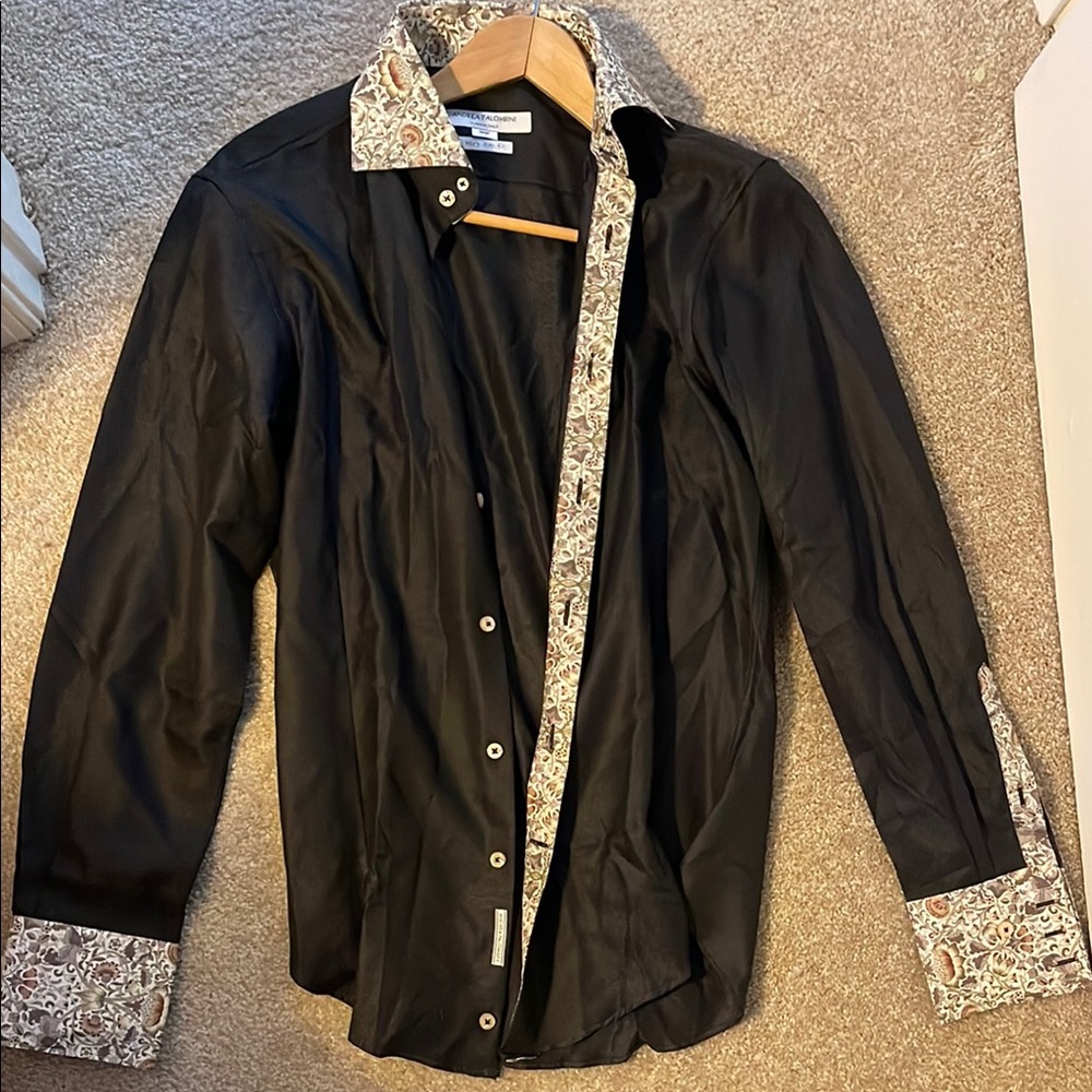 Andrea Palombini Italian Black Shirt with Patterned Trim